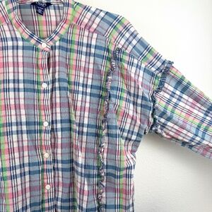 CHAPS Half Collar Pastel Plaid Full Button Shirt with Ruffle Details / Size XL